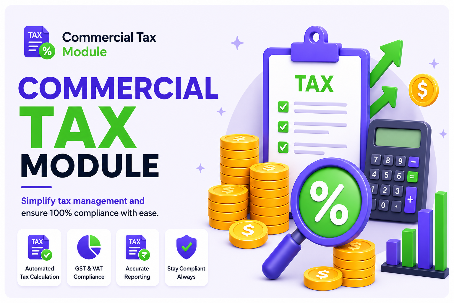 Commercial Tax module illustration with reporting and calculation tools